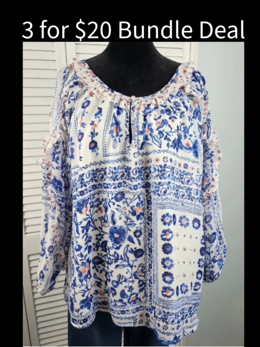 Cato Boho Top Large Blue Floral Sheer Long Sleeve